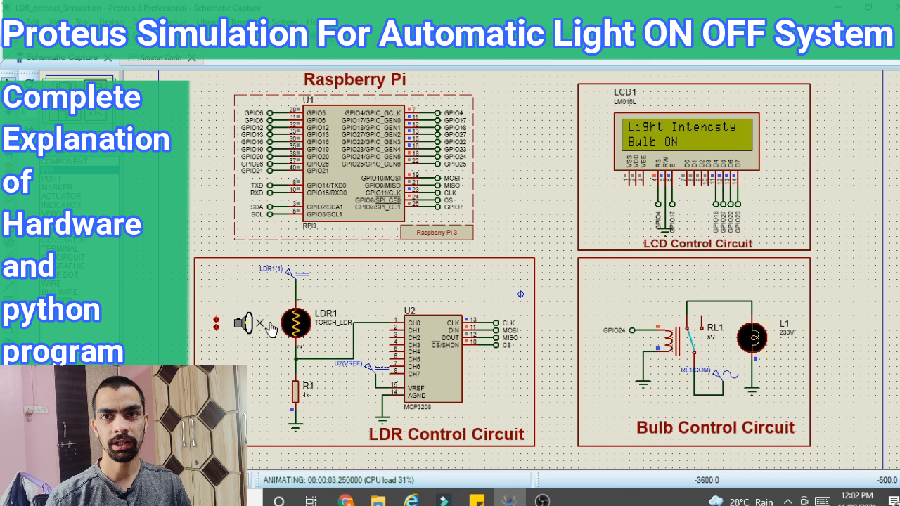 Automatic Light ON OFF System | Proteus Simulation of LDR Sensor With Raspberry Pi